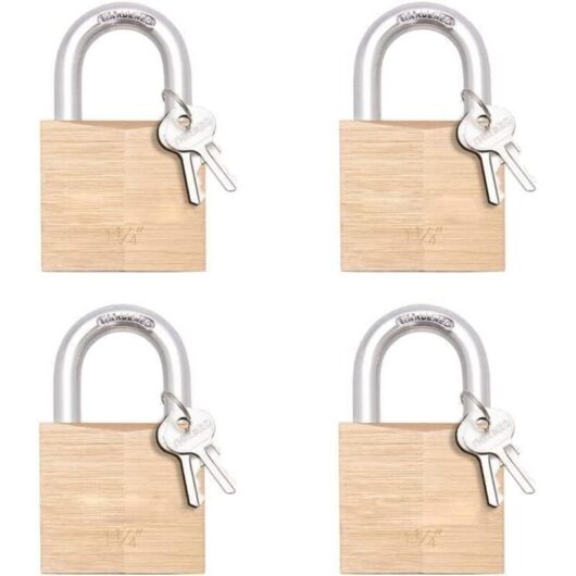 Pack of 4 keyed padlocks, small solid brass lock with 30mm wide lock body, keyed alike padlocks for sheds, storage units, school gym lockers