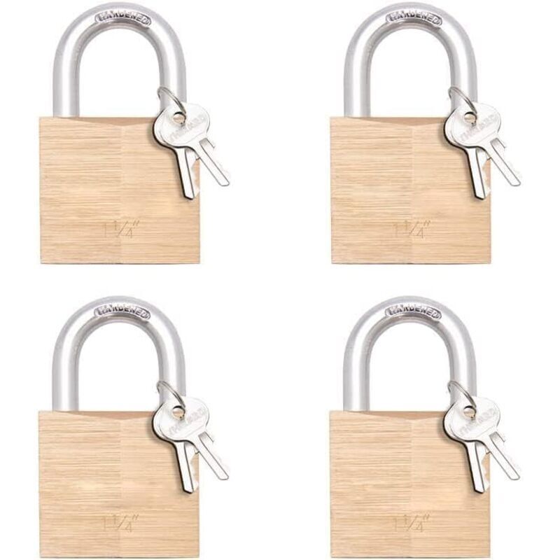 Pack of 4 keyed padlocks, small solid brass lock with 30mm wide lock body, keyed alike padlocks for sheds, storage units, school gym lockers