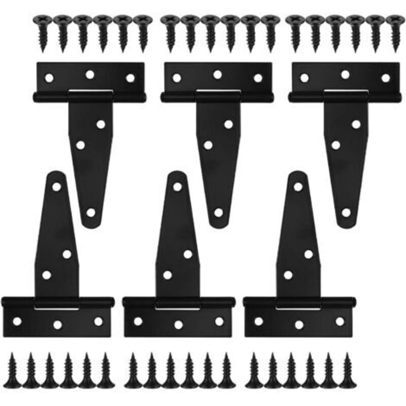 Set of 6 Black T-Strap Door Hinges - Metal Gate Hinges - Door Hinges for Shed Doors, Barn Doors, Garden Gates