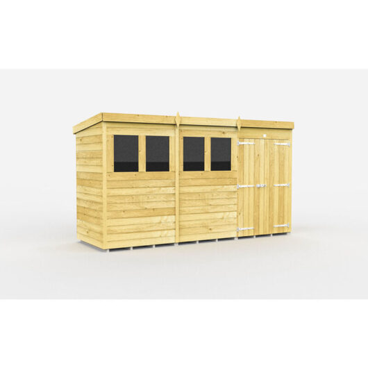 12 x 4 Feet Pent Shed - Double Door With Windows - Wood - L118 x W358 x H201 cm