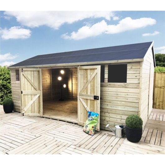 13 X 8 Reverse Premier Pressure Treated T & G Apex Shed / Workshop With Higher Eaves And Ridge Height 6 Windows And Double Doors (12mm T & G Walls,