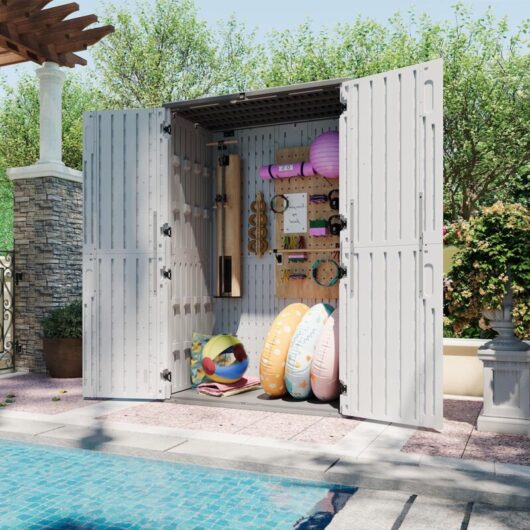 Aoxun Garden Storage Box Resin, Resin Storage Shed, Tall Narrow Garden Storage Shed, Vertical Cabinet for Long Tools, 64 Cu.Ft, Grey-White