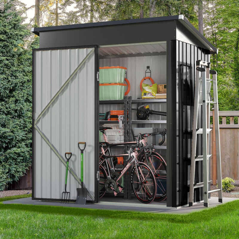 Aoxun Metal Garden Shed, Tool Shed with Lockable Door, Robust and Rust-Resistant Garden Cabinet, Pent Slooping Roof, 5x3ft, Black