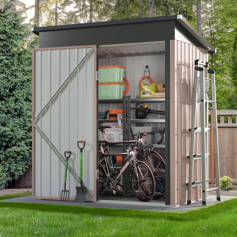 Aoxun Metal Garden Shed, Tool Shed with Lockable Door, Robust and Rust-Resistant Garden Cabinet, Pent Slooping Roof, 5x3ft, Brown