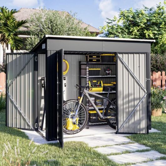 Aoxun Metal Garden Shed, Tool Shed with Lockable Door, Robust and Rust-Resistant Garden Cabinet, Pent Slooping Roof, Triple Lockable Doors, 8x4ft,