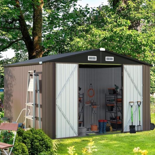Aoxun Metal Garden Shed, Tool Shed with Lockable Door, Robust and Rust-Resistant Garden Cabinet, Slooping Roof, 10x8ft, Brown