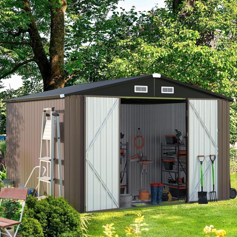 Aoxun Metal Garden Shed, Tool Shed with Lockable Door, Robust and Rust-Resistant Garden Cabinet, Slooping Roof, 10x8ft, Brown