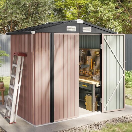 Aoxun Metal Garden Shed, Tool Shed with Lockable Door, Robust and Rust-Resistant Garden Cabinet, Slooping Roof, 6x4ft, Brown