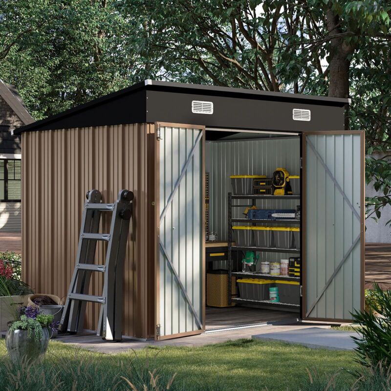 Aoxun Metal Garden Shed, Tool Shed with Lockable Door, Robust and Rust-Resistant Garden Cabinet, Slooping Roof, 8x6ft, Brown
