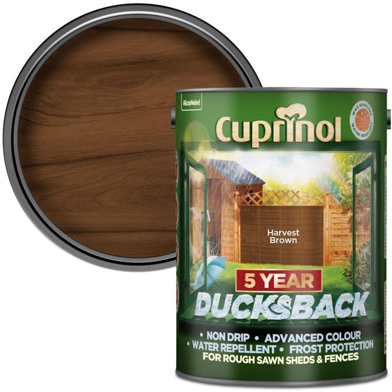 Cuprinol 5092432 Ducksback 5 Year Waterproof for Sheds & Fences Harvest Brown 5 litre CUPDBHB5L
