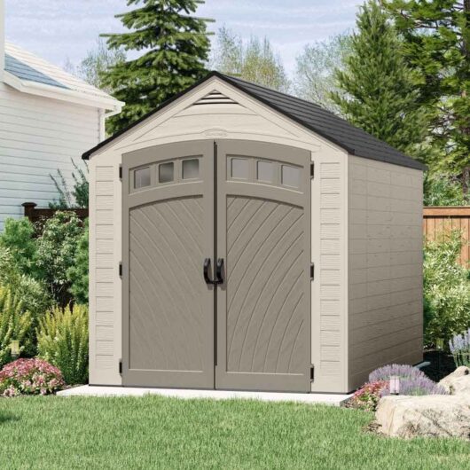 Decluttered 7x10 Reinforced Resin Garden Storage Cabinet in Vanilla and Grey