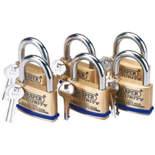 Draper Solid Brass Padlock Pack of 6 Keyed Alike 60mm Standard