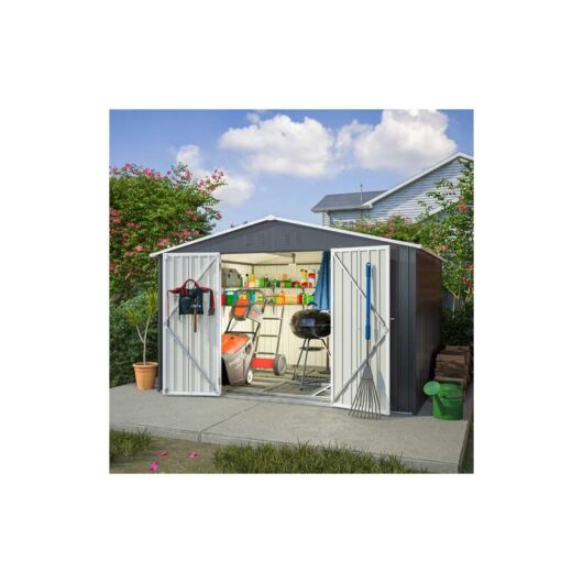 KMS - birchtree Garden Shed Metal Apex Roof 10FT x 8FT Outdoor Storage With Free Foundation Anthracite and White