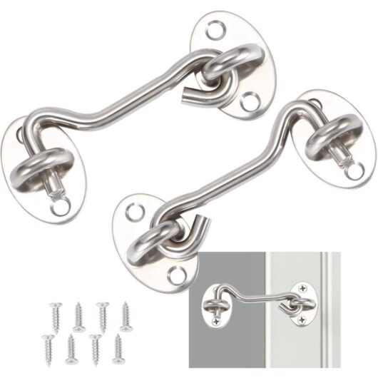 Memkey - 2 Pack Cabin Hooks, Door Locking Hooks, Silver Stainless Steel Door Hook Lock, with Mounting Screws, for Window, Barn Door, Shed Door,