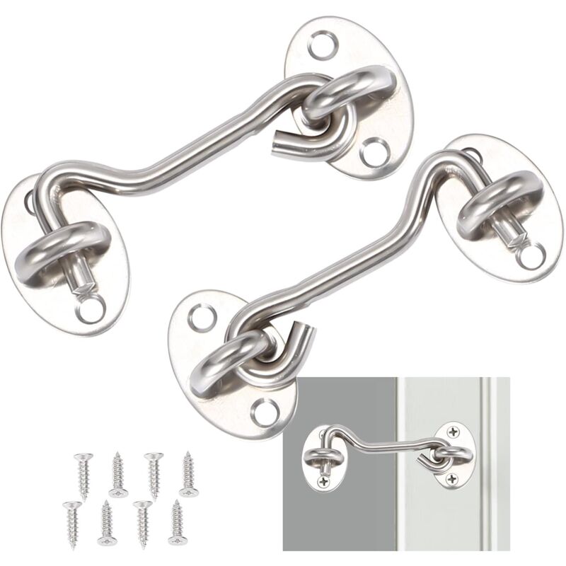 Memkey - 2 Pack Cabin Hooks, Door Locking Hooks, Silver Stainless Steel Door Hook Lock, with Mounting Screws, for Window, Barn Door, Shed Door,