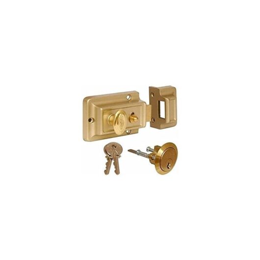 Night Latch Door Lock with 3 Keys - Polished Brass Gate Lock Extra Security Front Door Lock Fixings Backset Cylinder Safety for Gate, Door, Shed,