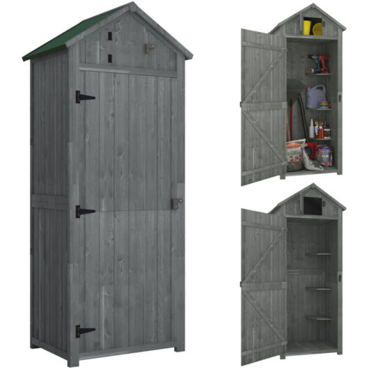 Outsunny - Wooden Garden Storage Shed Tool Storage Box, 77 x 54 x 179 cm Grey