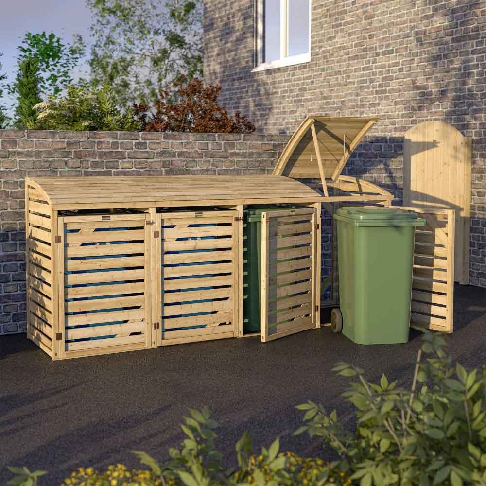 Sandiacre Outdoor Wooden Quadruple Bin Storage Cabinet in Natural