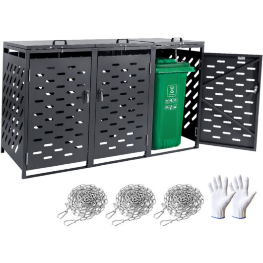 VEVOR Trash Can Storage, 3 x 52.79 Gal Trash Bin Storage Shed Outdoor, Horizontal Waterproof Storage Cabinet with Chain Lid, Lockable Garbage Can